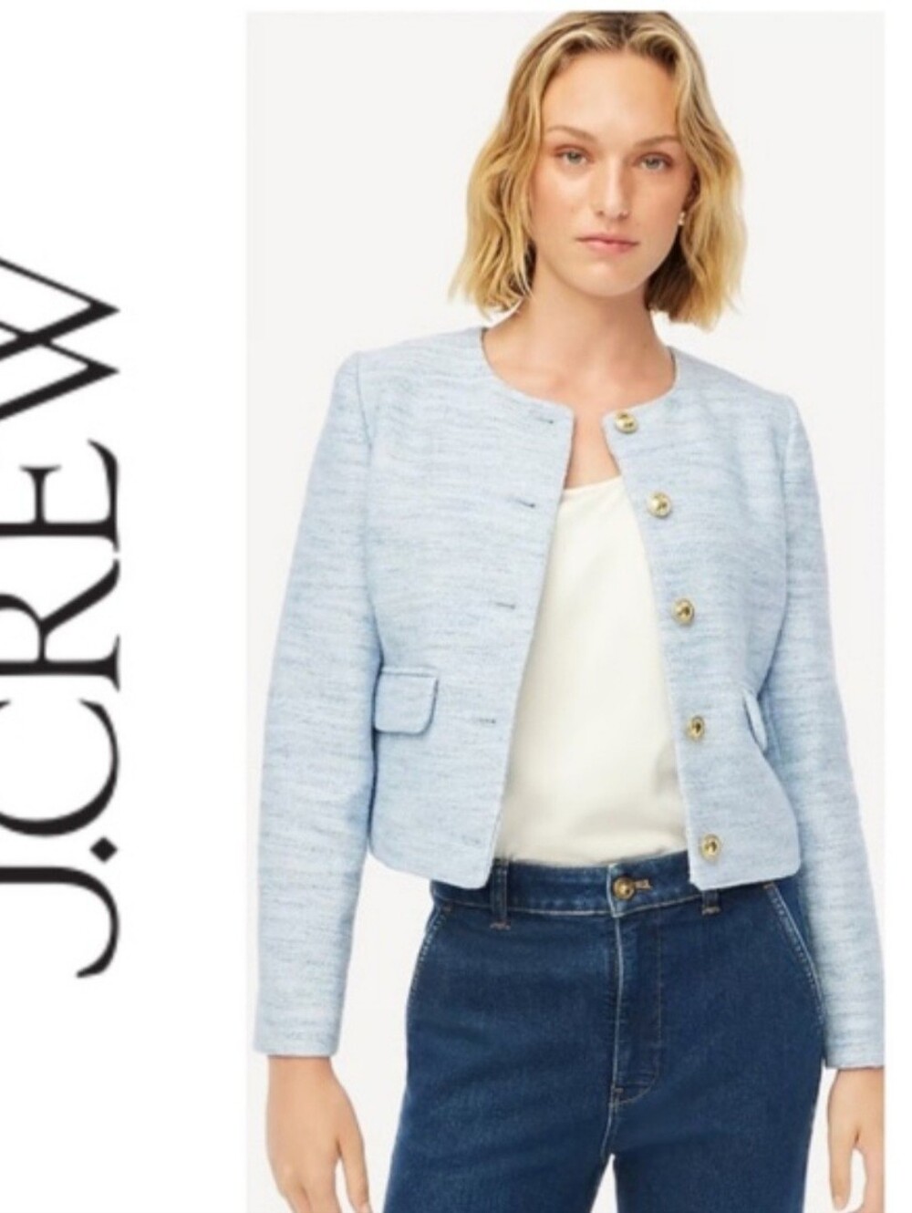 J. Crew Women's Light Blue Collarless Tweed Jacket with Gold Buttons